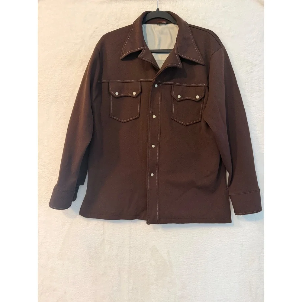 Big Yank Vintage 70s Western Shirt Jacket Mens Large Brown Polyester Pearl Snap